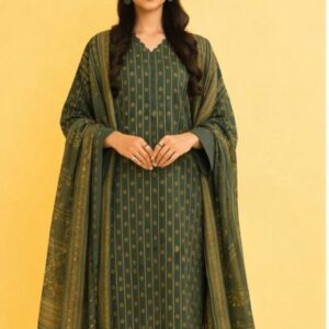 Nishat 3 Pc Printed Lawn Suit – Olive Green Striped Summer Collection