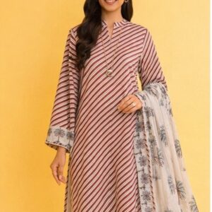 Nishat 3 Pc Printed Lawn Suit – Maroon Striped Summer Collection