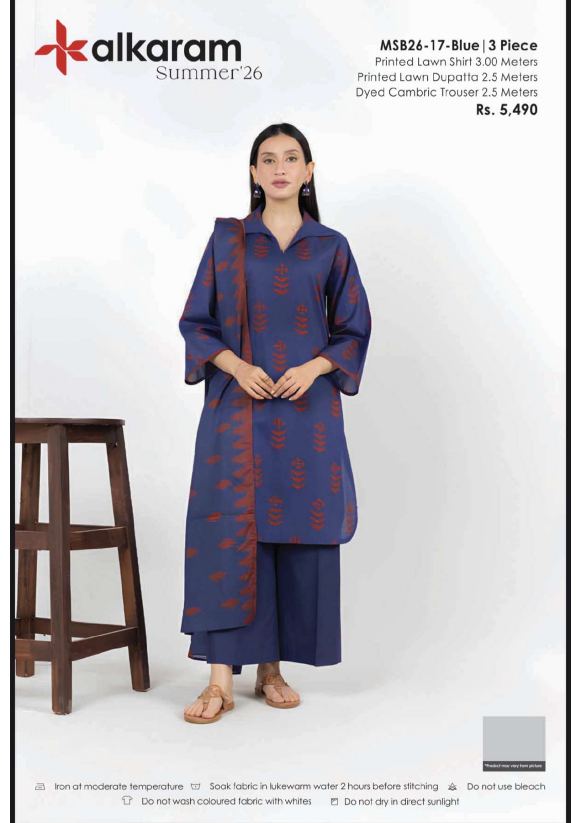 Alkaram Summer'26 MSB26-17 Blue Printed Lawn 3 Piece Suit