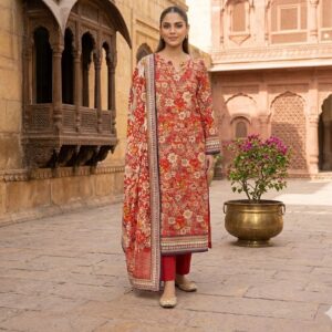 Sapphire Red Floral Printed Lawn Suit