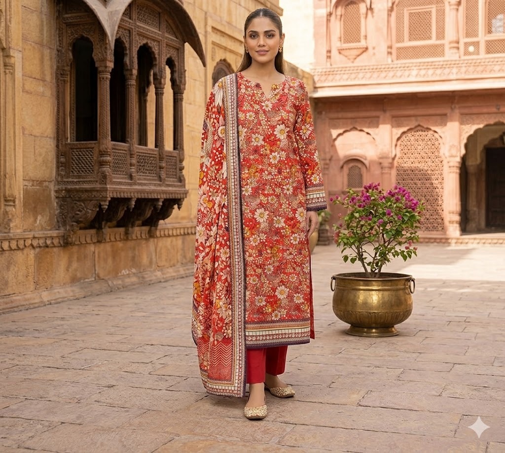 Sapphire Red Floral Printed Lawn Suit