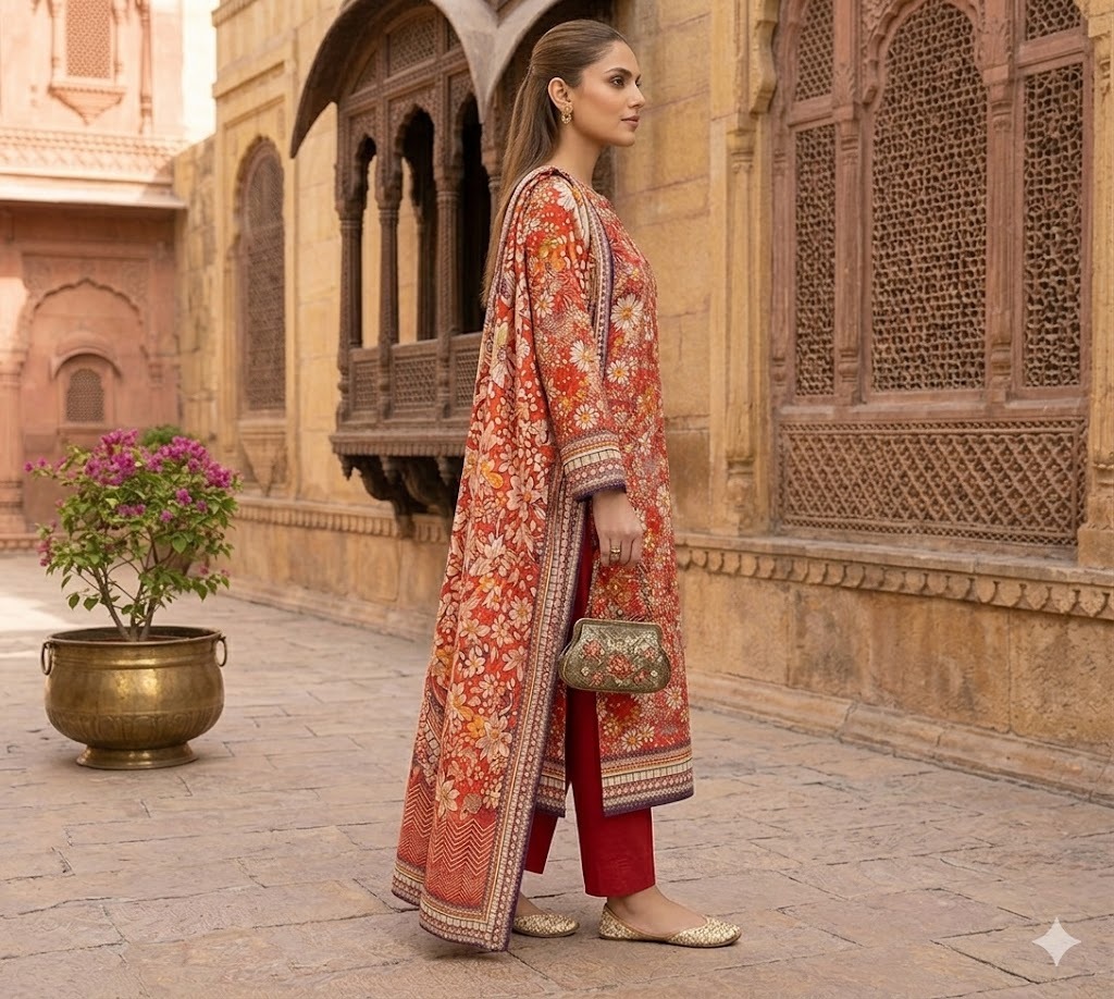 Sapphire Red Floral Printed Lawn Suit - Image 3