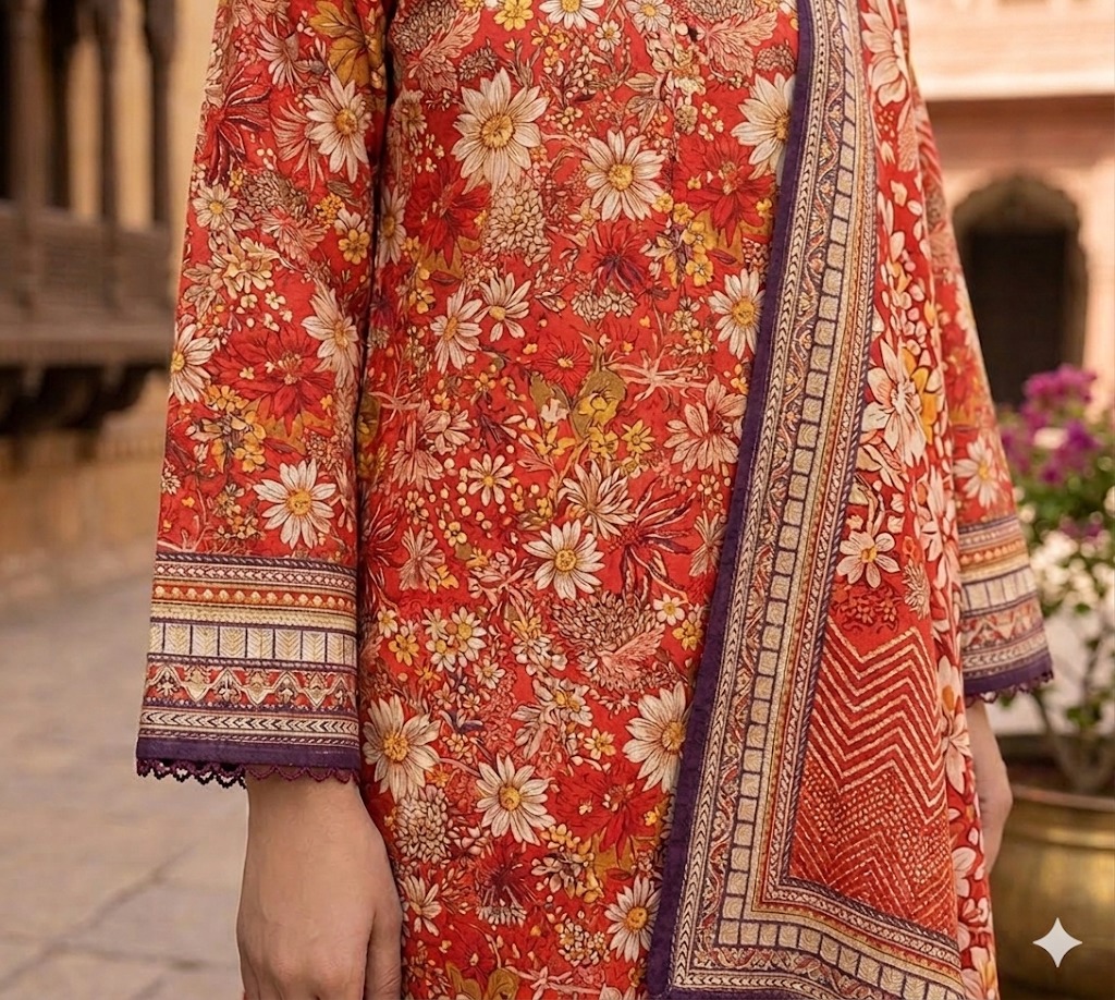 Sapphire Red Floral Printed Lawn Suit - Image 4