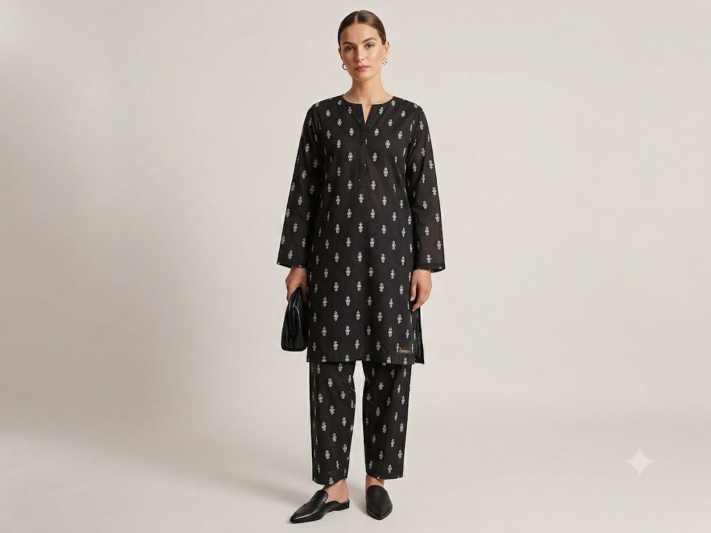 Nishat Linen Women's Unstitched 2-Piece Suit — Charcoal Black Geometric Booti Print - Image 3