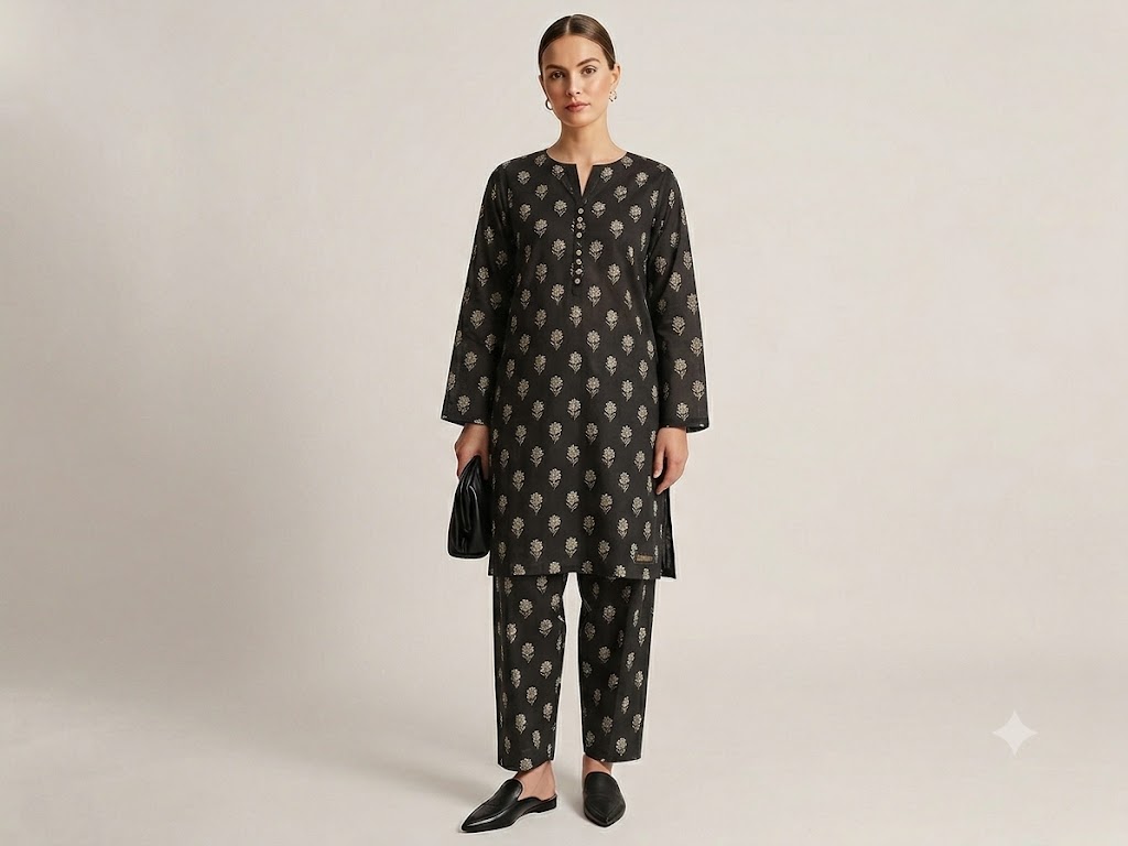 Nishat Linen Women's Unstitched 2-Piece Suit — Midnight Black with Golden Floral Booti - Image 3