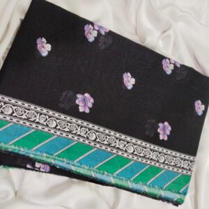Nishat Linen Women's Unstitched 2-Piece Suit — Black Floral Print with Teal Green Border