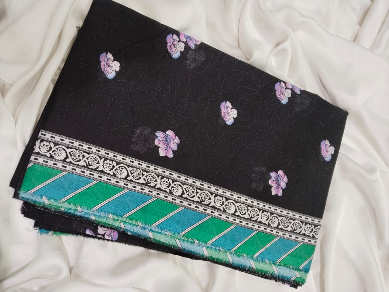 Nishat Linen Women's Unstitched 2-Piece Suit — Black Floral Print with Teal Green Border