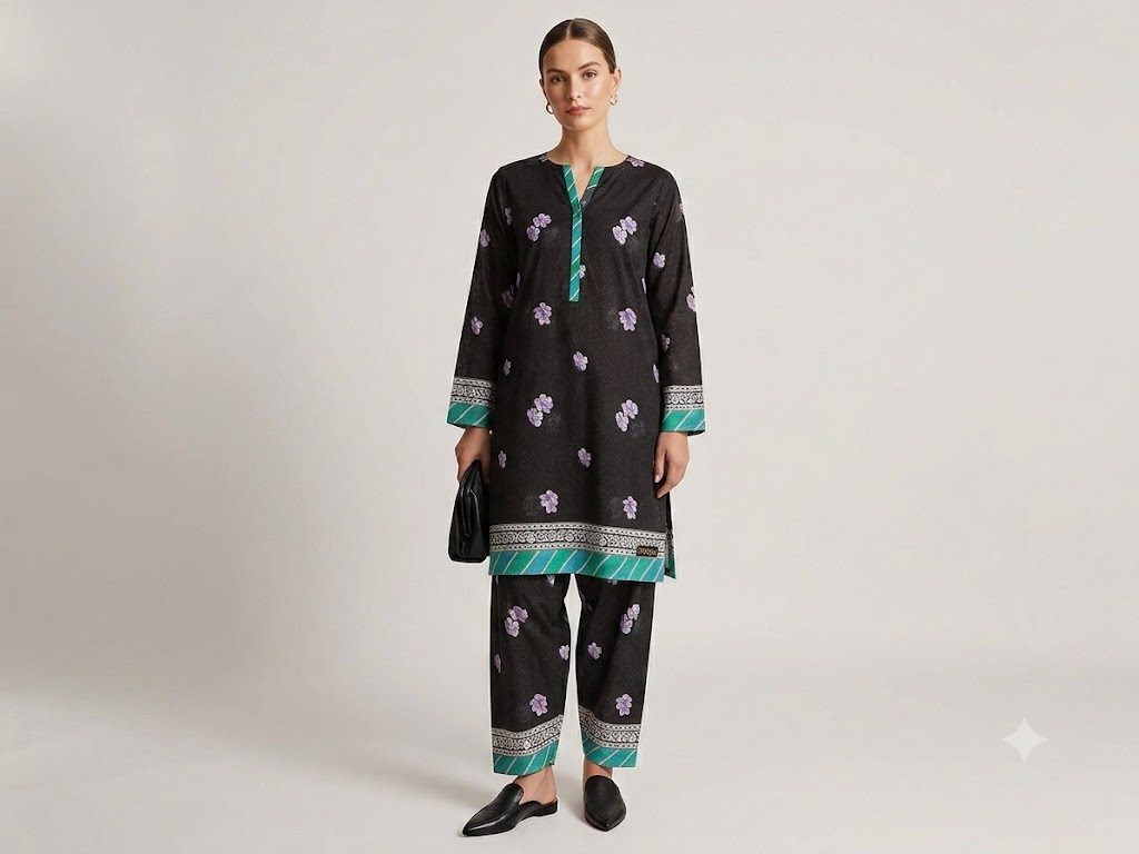 Nishat Linen Women's Unstitched 2-Piece Suit — Black Floral Print with Teal Green Border - Image 3
